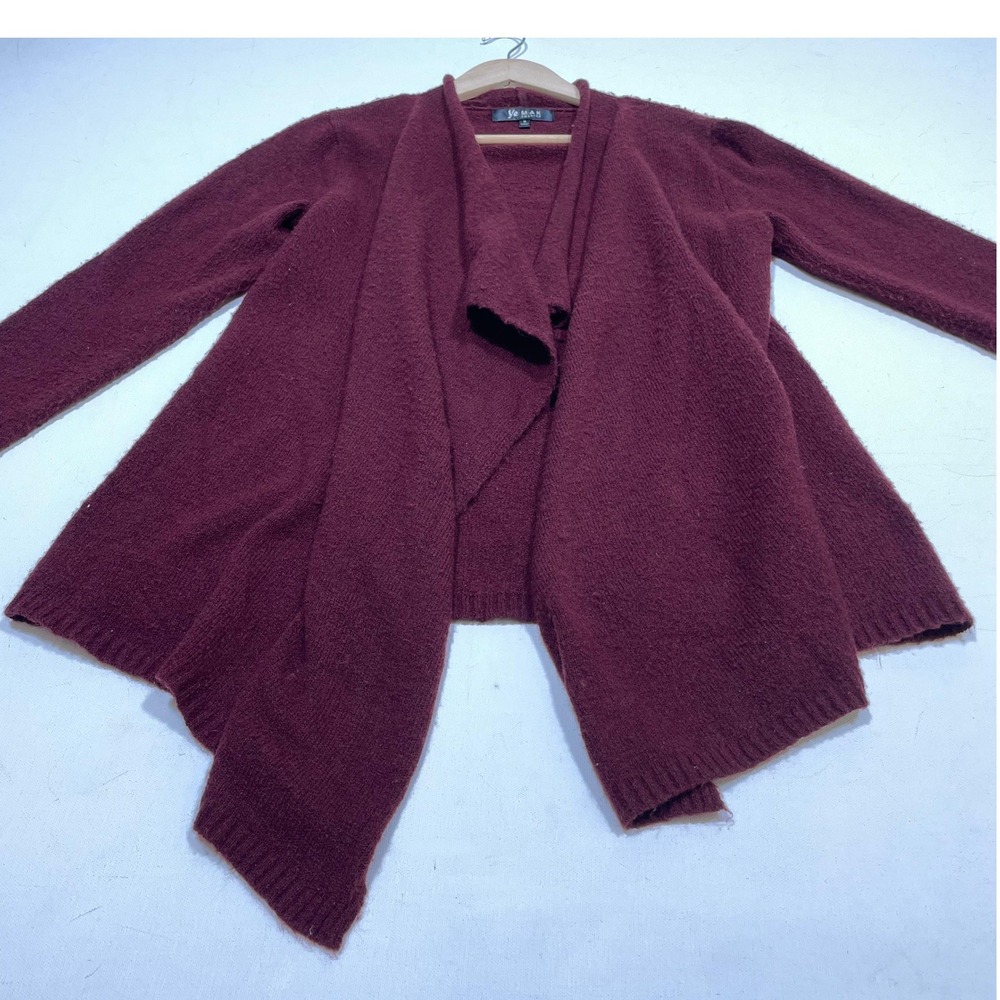 Ye Mak Cardigan Womens S Burgundy Open Front Drape Knit Sweater Long Sleeve Wine